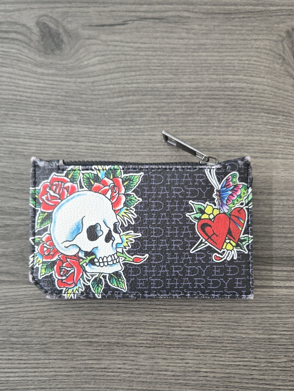 Ed Hardy Black Tattoo Print Card Holder Wallet Skull Rose Y2K Zip Pocket_0086